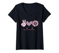 Femme Rétro Rose Tournesol Peace Love Cure Sein Cancer Soutien T-Shirt avec Col en V