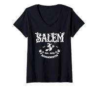Femme Retro Salem Massachusetts MA Vintage Halloween Witch Costume T-Shirt avec Col en V