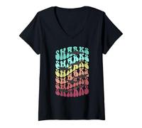 Femme Retro Shark Beach Girl Summer Fintastic Sea Swim Addict T-Shirt avec Col en V
