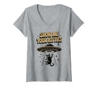 Femme Rétro Show Me Your Kitties Cat UFO Mom Hiss Pawsome Dad T-Shirt avec Col en V