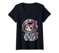 Femme Retro Space Cat Astronaut Tee for Cat Lover T-Shirt avec Col en V