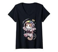 Femme Retro Space Cat Astronaut Tee for Cat Lover T-Shirt avec Col en V
