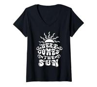 Femme Retro Summer Beach Vacation Here Comes Sun Lover Sunshine T-Shirt avec Col en V