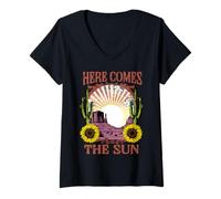 Femme Retro Summer Here Comes The Sun Graphic Flower Vintage T-Shirt avec Col en V