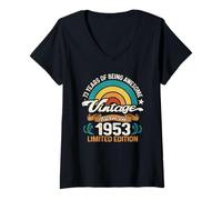 Femme Retro Sunset 73 Years of Awesome Born 1953-73e Anniversaire T-Shirt avec Col en V