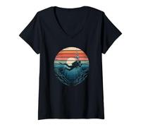Femme Retro Sunset Sea Diver Ocean T-Shirt avec Col en V