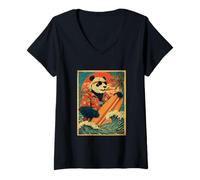 Femme Rétro Surf Panda Ours Surfeur Hawaïen Animal Plage Été T-Shirt avec Col en V