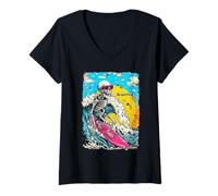 Femme Rétro Surf Squelette Surfer équitation Vague Coucher de Soleil Summerween T-Shirt avec Col en V