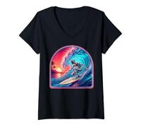 Femme Retro Surfer Riding Vibrant Ocean Wave T-Shirt avec Col en V