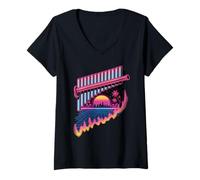 Femme Rétro Synthwave Flûte De Pan Flûtiste T-Shirt avec Col en V