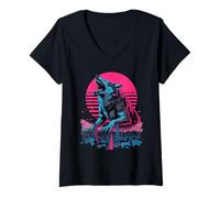 Femme Retro Synthwave Kaiju Loup Monstre Loups T-Shirt avec Col en V