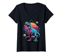 Femme Rétro Synthwave T-Rex Dinosaure Tyrannosaurus Rex T-Shirt avec Col en V