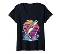 Femme Rétro Synthwave Truite Poisson Pêche Pêcheur T-Shirt avec Col en V