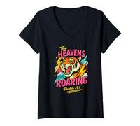 Femme Retro The Heavens are Roaring Psaume 19 Tiger Christian Art T-Shirt avec Col en V