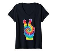 Femme Rétro Tie Dye Peace Hand Sign Art Music Festival Streetwear T-Shirt avec Col en V