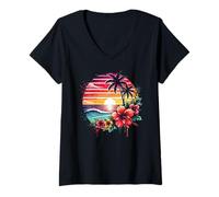Femme Retro Tropical Sunset Surf Wave Hibiscus Fleurs Plage Vibes T-Shirt avec Col en V