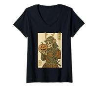 Femme Rétro Ukiyo-e Squelette Bushido Warrior Funny Halloween T-Shirt avec Col en V