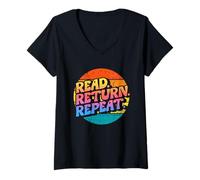 Femme Retro Vintage Funny Reading | Read Return Repeat Library T-Shirt avec Col en V