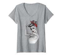 Femme Retro Vintage Girl Power Pin Up féministe RosietheRiveter T-Shirt avec Col en V, Gris Chiné, XXL