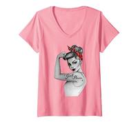 Femme Retro Vintage Girl Power Pin Up féministe RosietheRiveter T-Shirt avec Col en V, Rose, XXL