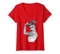 Femme Retro Vintage Girl Power Pin Up féministe RosietheRiveter T-Shirt avec Col en V, Rouge, XXL