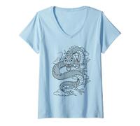 Femme Retro Vintage Zodiac Lunar New Year Black Chinese Dragon T-Shirt avec Col en V