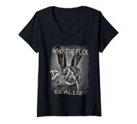 Femme Rétro Who the F_ck Is Alice Funny Rabbit T-Shirt avec Col en V