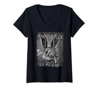 Femme Rétro Who the F_ck Is Alice Funny Rabbit T-Shirt avec Col en V