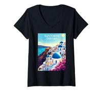 Femme Rêves De Santorini Dômes Bleus Paysage T-Shirt avec Col en V