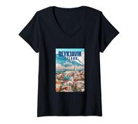 Femme Reykjavík Skyline Montagne et Glacier Islande Voyage T-Shirt avec Col en V