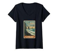 Femme Reynisfjara Black Sand Beach Islande Vintage Art Graphic T-Shirt avec Col en V