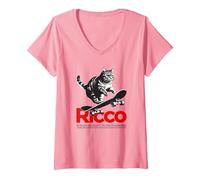 Femme Ricco - Beau nom de garçon avec Un Chat & Skateboard T-Shirt avec Col en V, Rose, L