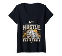 Femme Rich California Diamond Bear Golden Crown Sunset Art T-Shirt avec Col en V