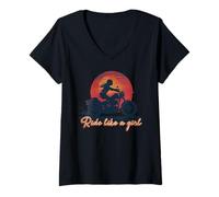 Femme Ride Like a Girl Vintage Sunset Moto Amoureuse Fille T-Shirt avec Col en V
