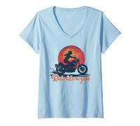 Femme Ride Like a Girl Vintage Sunset Moto Amoureuse Fille T-Shirt avec Col en V