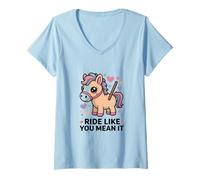 Femme Ride Like You Mean It Cheval de Poney Pastel Mignon T-Shirt avec Col en V