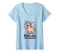 Femme Ride Like You Mean It Cheval de Poney Pastel Mignon T-Shirt avec Col en V