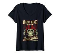 Femme Ride Like You're Invisible Vintage Moto Skull Design T-Shirt avec Col en V