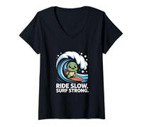 Femme Ride Slow Surf Strong Turtle Wave Fun T-Shirt avec Col en V