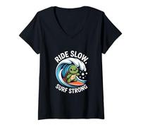 Femme Ride Slow Surf Strong Turtle Wave Fun T-Shirt avec Col en V