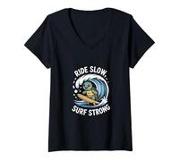 Femme Ride Slow Surf Strong Turtle Wave Fun T-Shirt avec Col en V