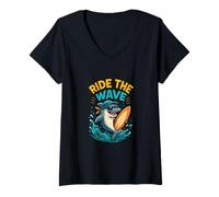 Femme Ride The Wave Dolphin Rétro T-Shirt avec Col en V