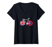 Femme Ride UK - Passionné de Cyclisme Britannique - Design vélo de Route et de Ville T-Shirt avec Col en V