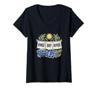 Femme Rinse Dry Repeat Cyanotype Art Botanique Feuilles T-Shirt avec Col en V