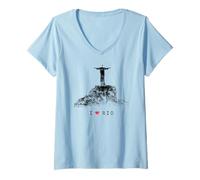 Femme Rio de Janeiro Skyline Statue de Jésus-Christ J'aime Brésil T-Shirt avec Col en V