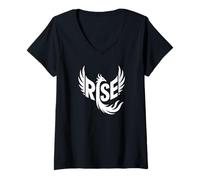 Femme Rise Phoenix Word Art - Force de la Renaissance et Motif feu T-Shirt avec Col en V
