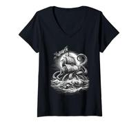 Femme Rising from The Abyss - Gravure Classique Monstre Marin T-Shirt avec Col en V