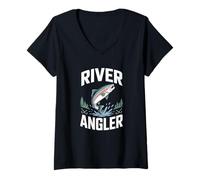 Femme River Angler Peche A La Mouche Truite T-Shirt avec Col en V