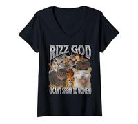 Femme Rizz God Je ne Peux Pas Parler aux Femmes Funny Cat Meme Bootleg T-Shirt avec Col en V