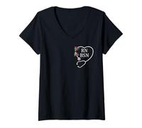Femme RN BSN Stéthoscope Floral en Forme de cœur pour infirmière T-Shirt avec Col en V